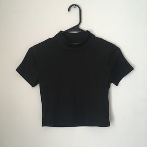 Cropped black mock neck tee